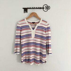 Talbots striped linen blend 3/4 length sleeve v-neck lightweight sweater petite